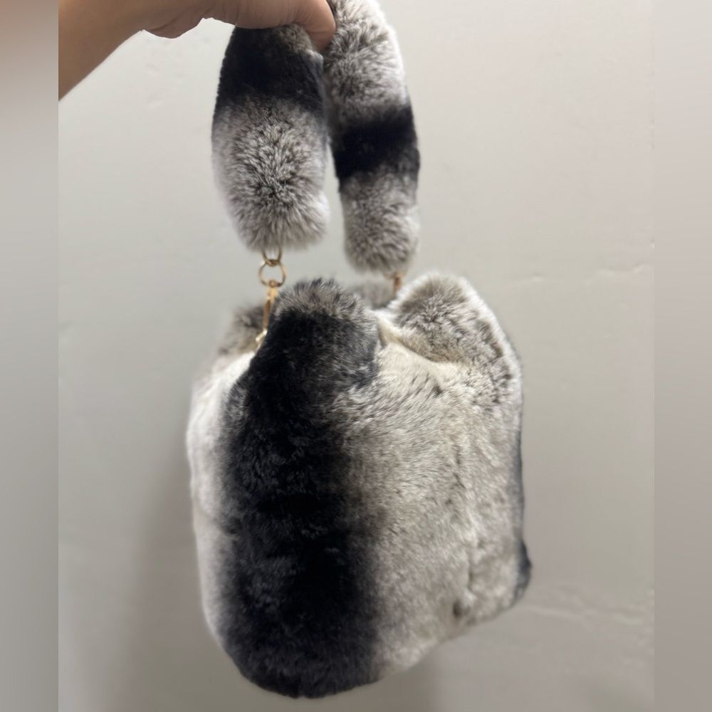 Handmade 2 Tone Real Rex Rabbit Fur Drawstring Bucket Bag,Includes 2 Straps - Picture 13 of 15
